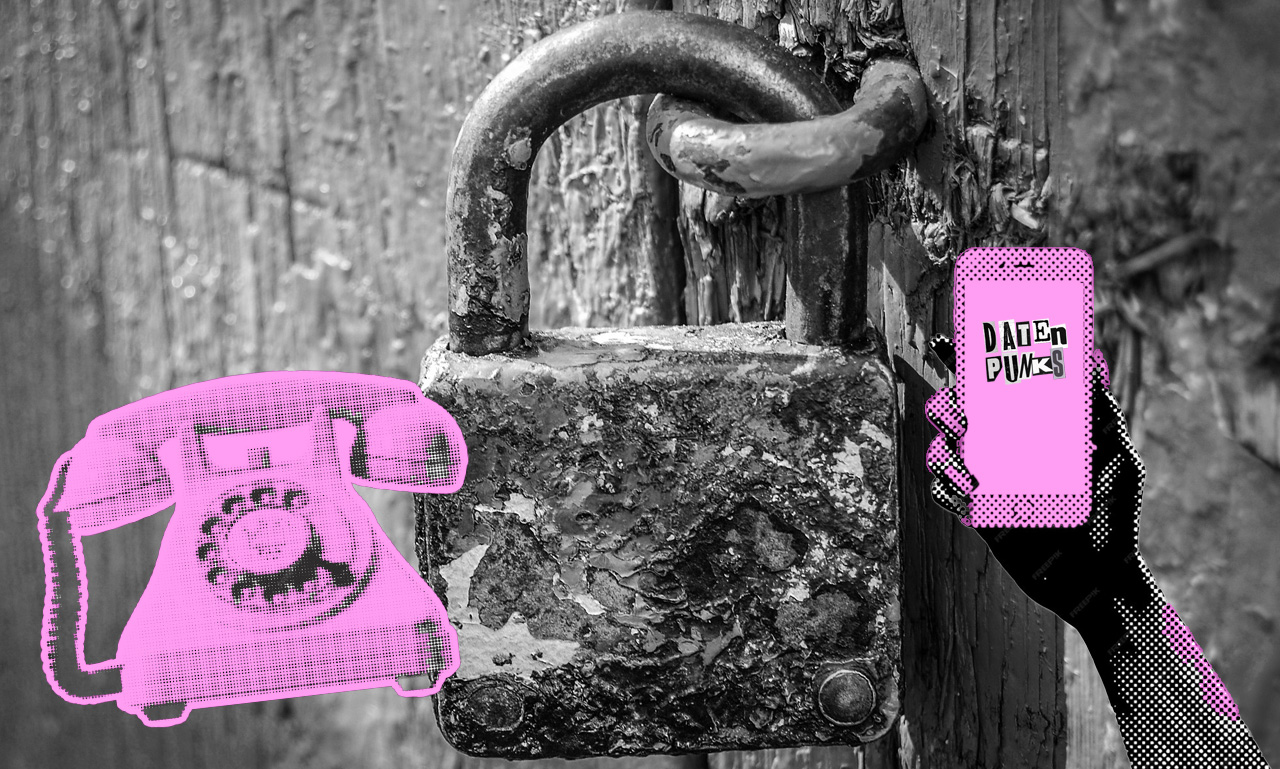 Schwarz-weiß Foto eines alten Schlosses. Im Vordergrund ein altes Telefon und ein Smartphone in pink.