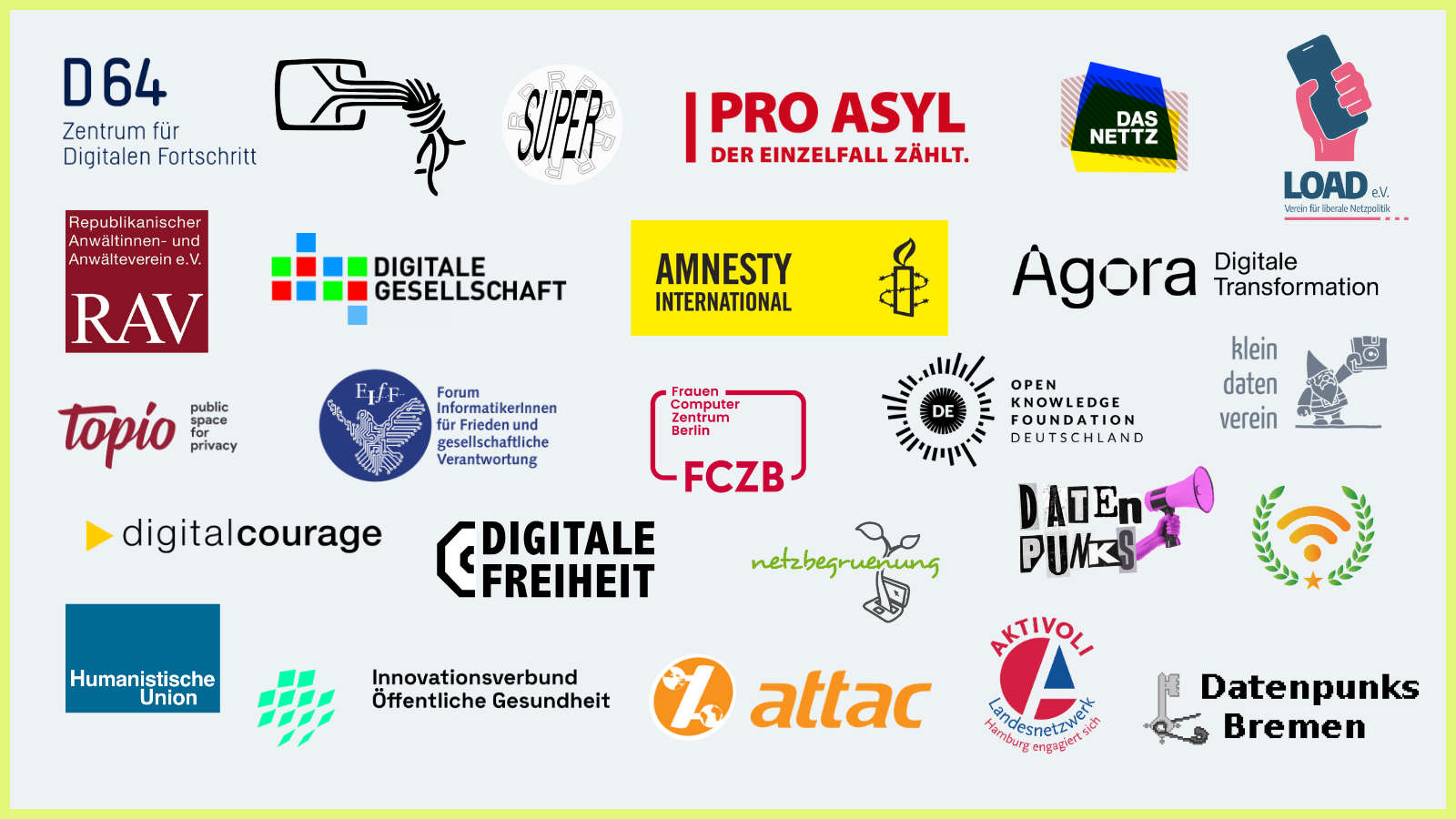 Brandmauer nur Logos: Sharepic mit hellgrünem Rahmen. Im Zentrum ein Raster mit 22 Logos verschiedener zivilgesellschaftlicher Organisationen wie D64, CCC, Amnesty International und weitere.